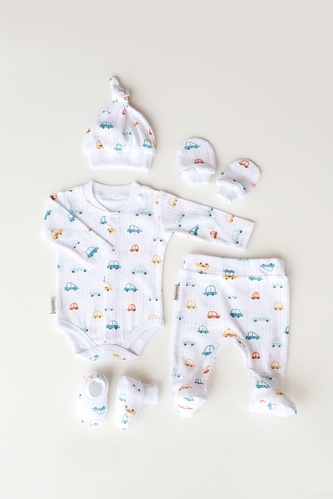 Боди с длинным рукавом Комплект для новорожденных Wind (боди, ползунки, шапочка, царапки, пинетки) машинки, MagBaby