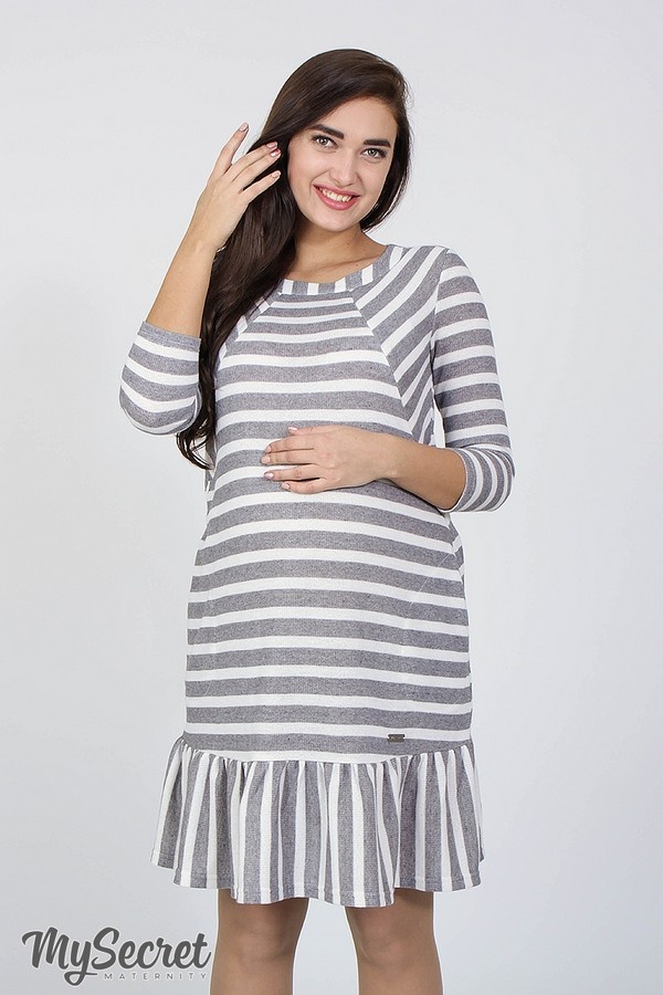 Платье-колокольчик для беременных и кормящих мам LINA, полоска серо-молочная, Юла мама