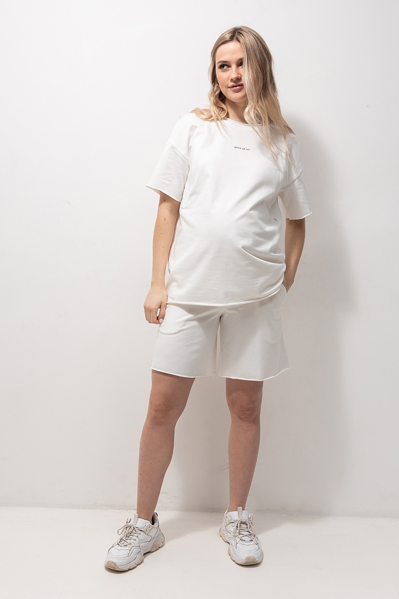Спортивные костюмы Хлопковый костюм из футболки с шортами для беременных и кормящих мам MIKAELA, молочный, Юла Мама