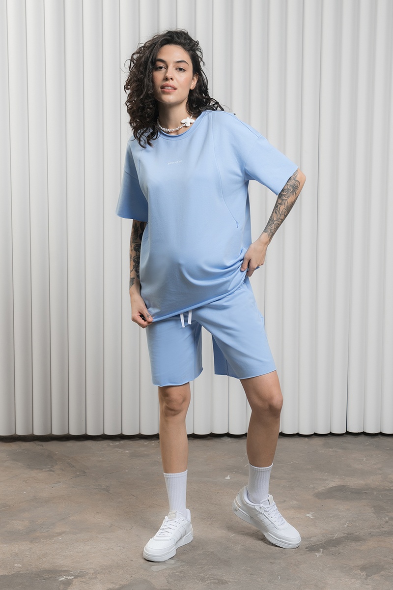 Спортивные костюмы Хлопковый костюм из футболки с шортами для беременных и кормящих мам MIKAELA, голубой, Юла Мама