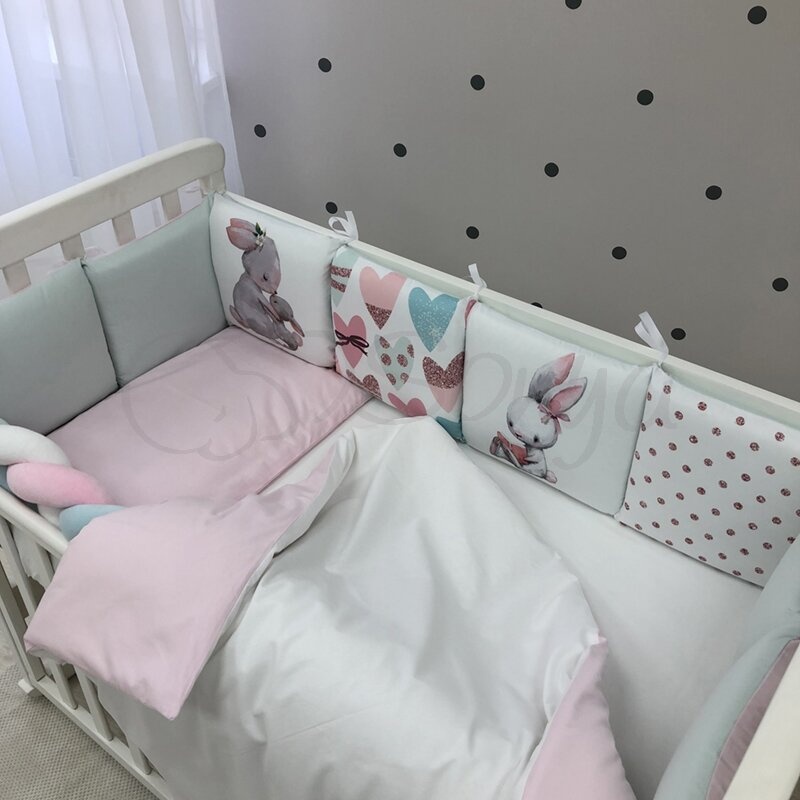 Постелька Комплект постельного белья в кроватку Art Design Зайчики + бортик коса, 6 элементов, Маленькая Соня