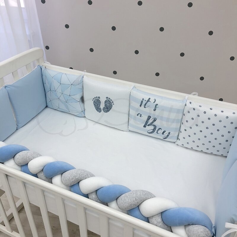 Постелька Комплект постельного белья в кроватку Art Design Голубая геометрия + бортик коса, 6 элементов, Маленькая Соня
