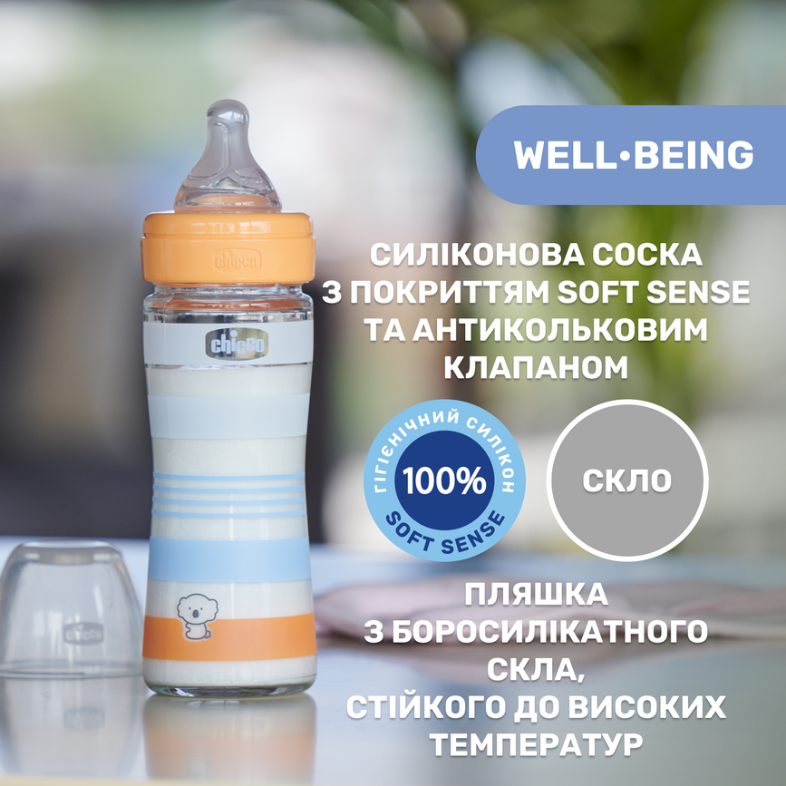 Пляшечки Пляшечка скло Chicco Well-Being Colors, 240мл, соска силікон, пандочка, 0м+, Chicco