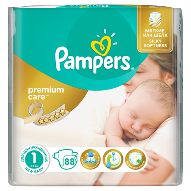 Подгузники Подгузники Premium Care Newborn 1, 2-5 кг, Эконом 88 шт, Pampers