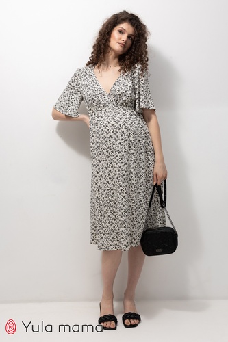 Летнее платье для беременных и кормящих мам JOSELYN чорные цветы на молочном фоне, Юла мама, Молочный, L