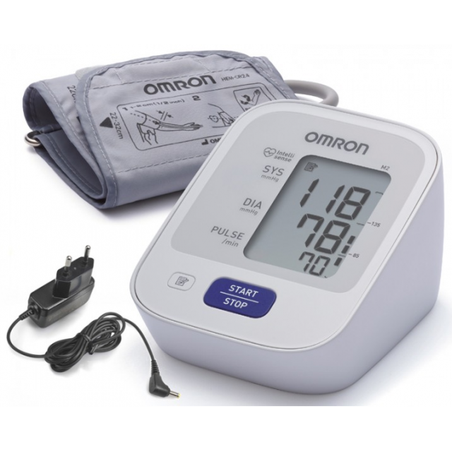 Тонометры, термометры Измеритель артериального давления и частоты пульса автоматический OMRON M2 Basic с сетевым адаптером и манжетой 22-32 см, Omron