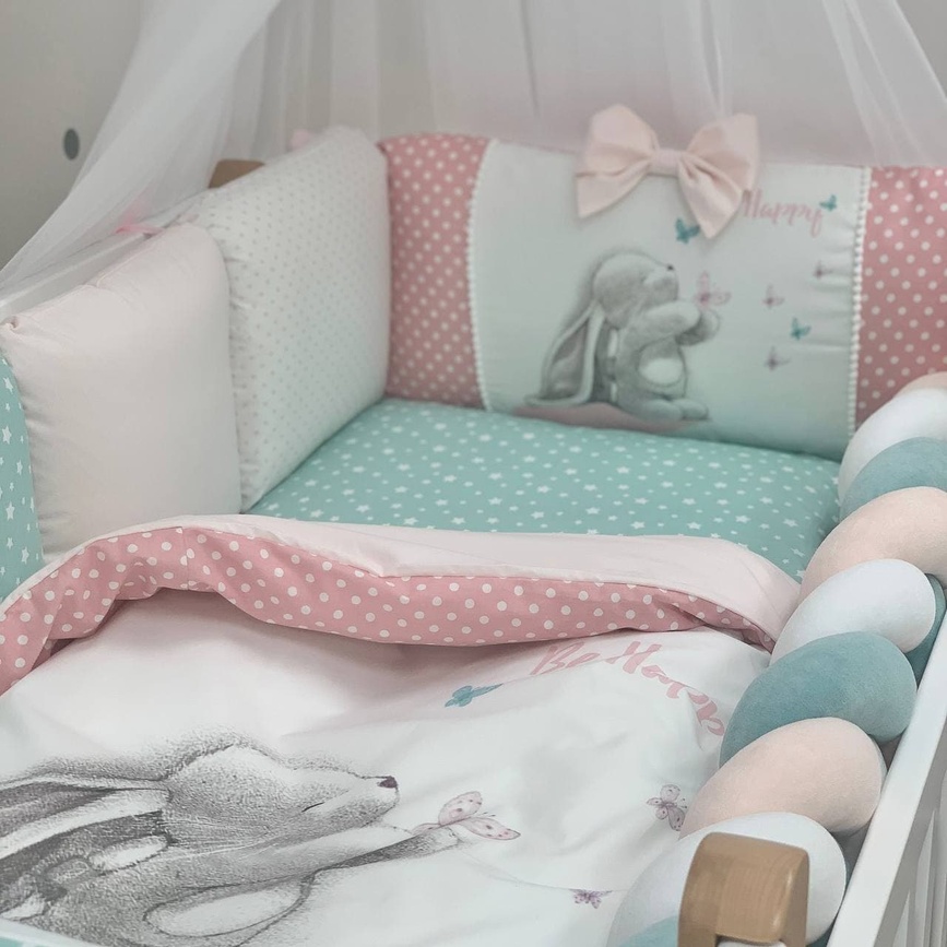 Постелька Комплект Akvarel Зайка с бабочками с косой для стандартной кроватки, 6 элементов, Маленькая Соня