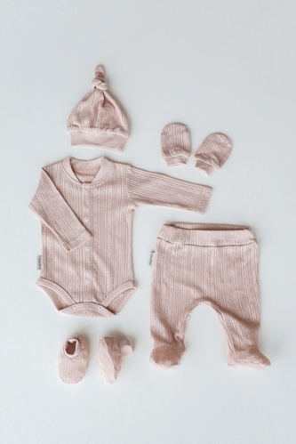 Боди с длинным рукавом Комплект для новорожденных Wind (боди, ползунки, шапочка, царапки, пинетки) персиковый, MagBaby