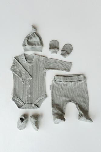 Боді з довгим рукавом Комплект для новонароджених Wind (боді, повзунки, шапочка, царапки, пінетки), сизий, MagBaby