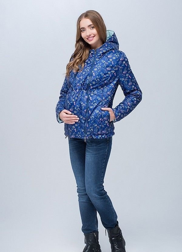 Короткая демисезонная двухсторонняя куртка для беременных FLOYD, синий с принтом цветы + пыльная мята, Юла мама