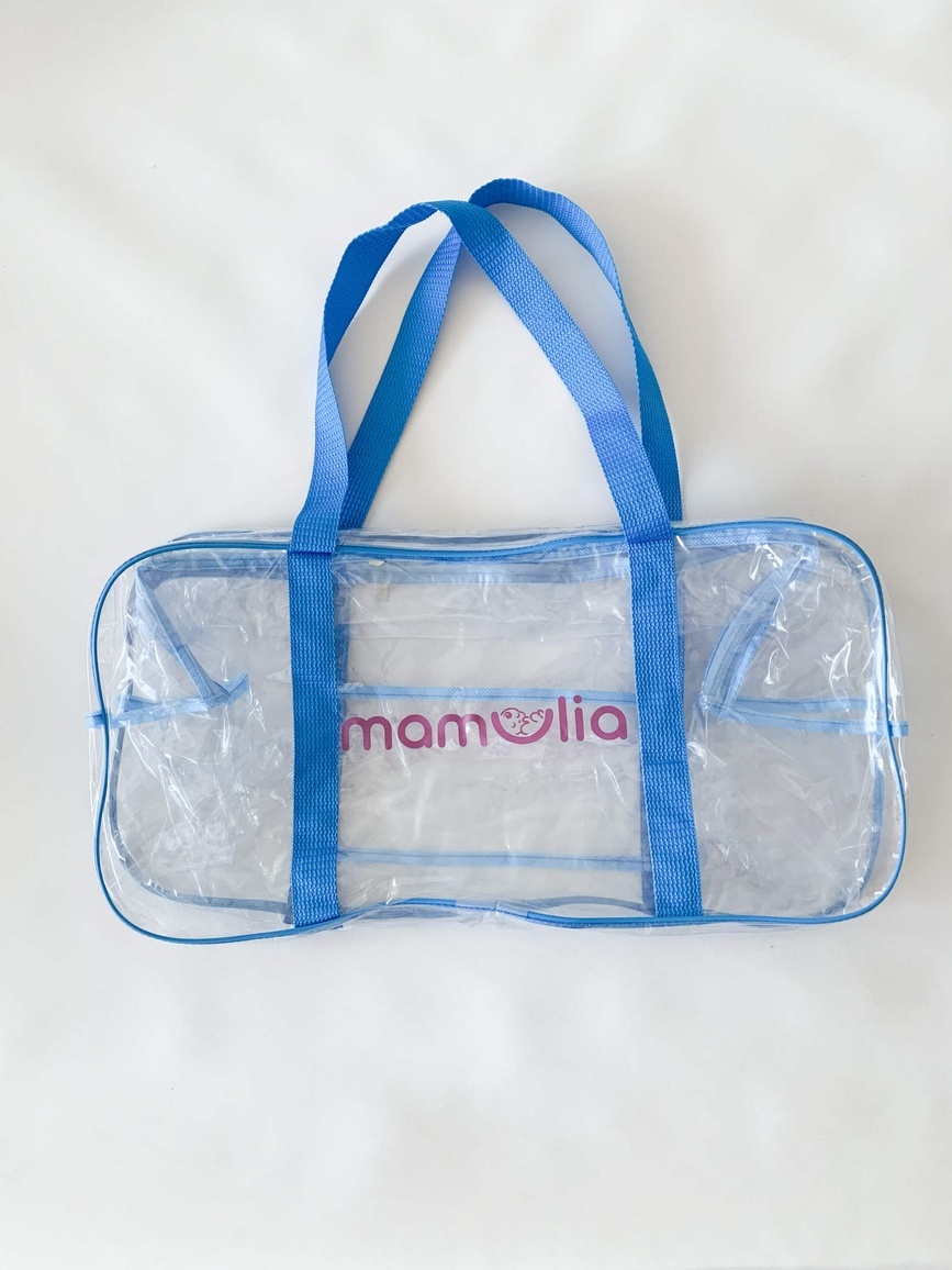 Удобные прозрачные сумки в роддом Большая сумка в роддом с карманом, синяя, Mamapack.