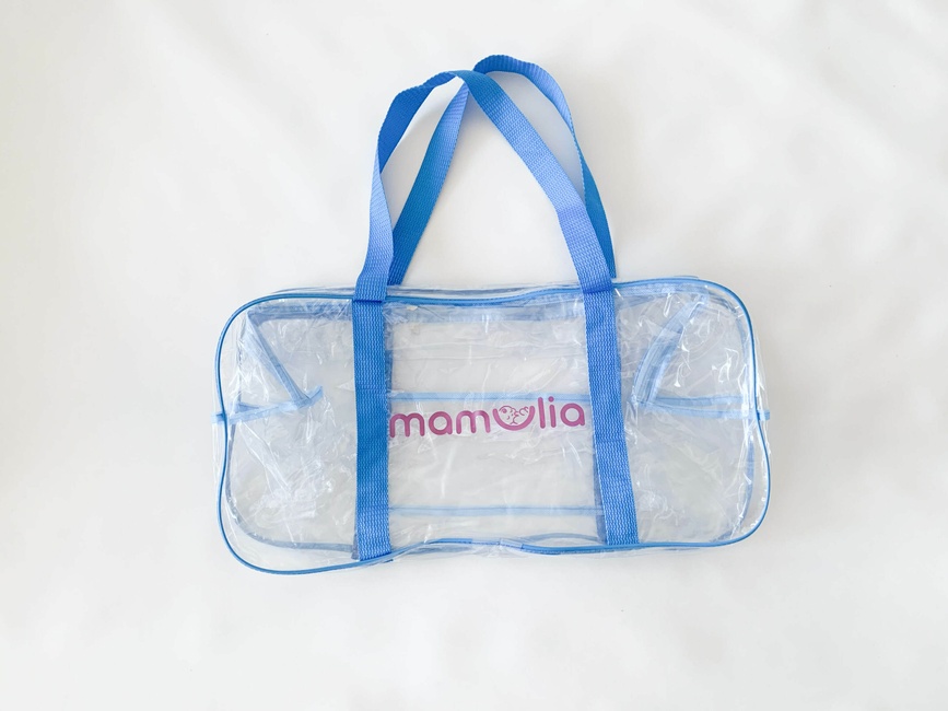 Удобные прозрачные сумки в роддом Большая сумка в роддом с карманом, синяя, Mamapack.