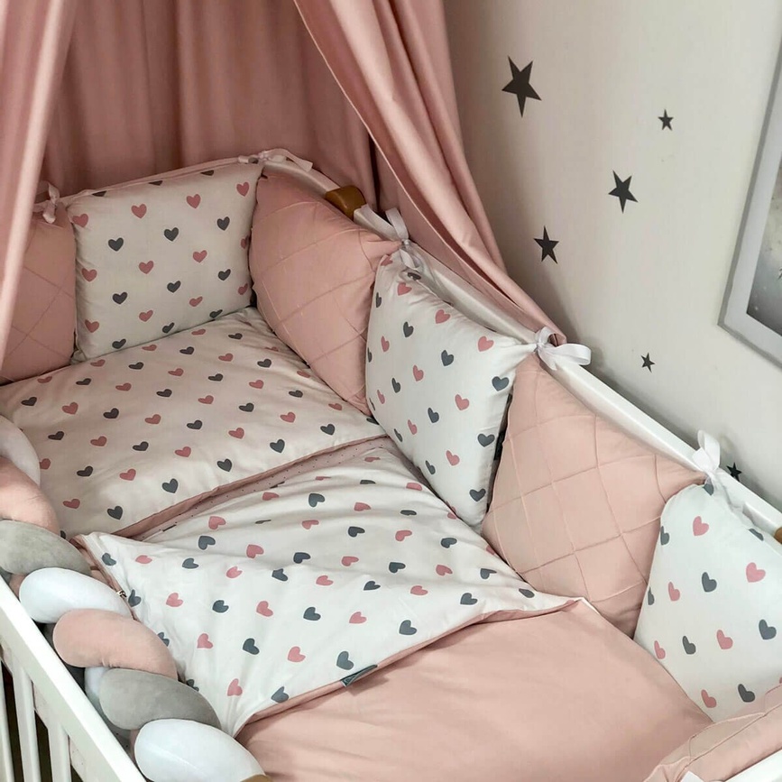 Постелька Комплект постельного белья в кроватку Happy night Сердца, 6 элементов, пудровый, Маленькая Соня