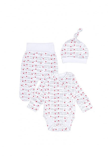 Ползунки Комплект для новорожденных 3 предмета Сердечки (боди, ползунки, шапочка), белый, ТМ Фламинго