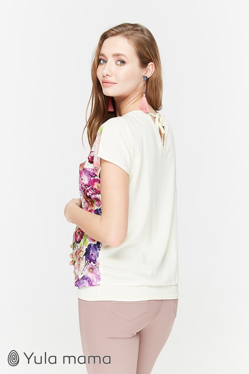 Блузи, сорочки Блузка оверсайз для беременных и кормящих MIRRA, экрю с яркими цветами, ТМ Юла мама