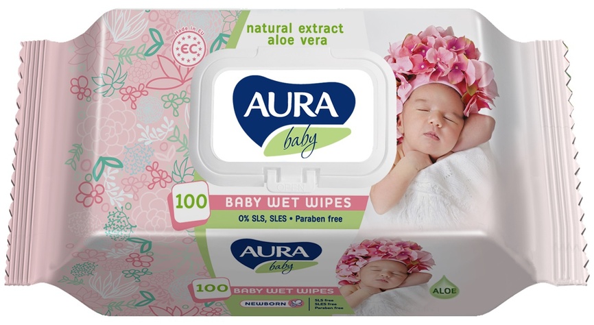 Влажные детские салфетки Влажные салфетки Baby aloe vera (розовая пачка), 100 шт, Aura