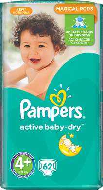 Подгузники Подгузники Active Baby-Dry Размер 4+ (Maxi+) 9-16 кг, 62 шт, Pampers