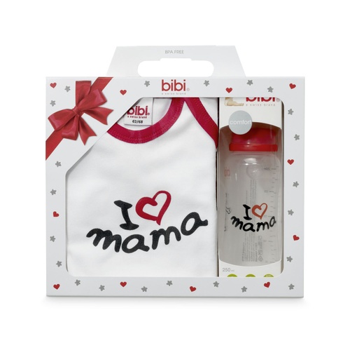 Аксессуары для бутылочек Подарочный набор из серии Я Люблю Маму, 0+ мес, бодик в комплекте с бутылочкой РР 250 мл с соской, ТМ bibi