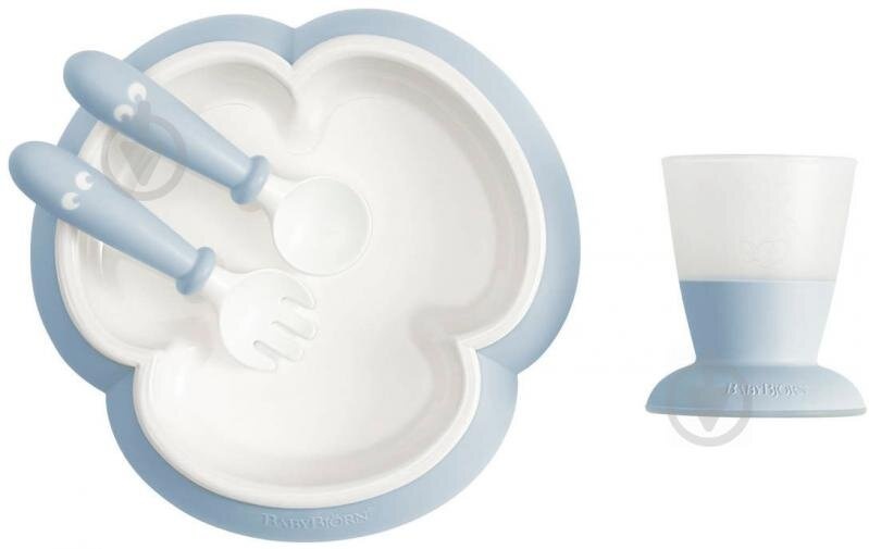 Посуд для дітей Дитячий набір для годування ложка, виделка, чашка, тарілка Baby Feeding Set, Powder Blue, блакитний, , Baby Bjorn