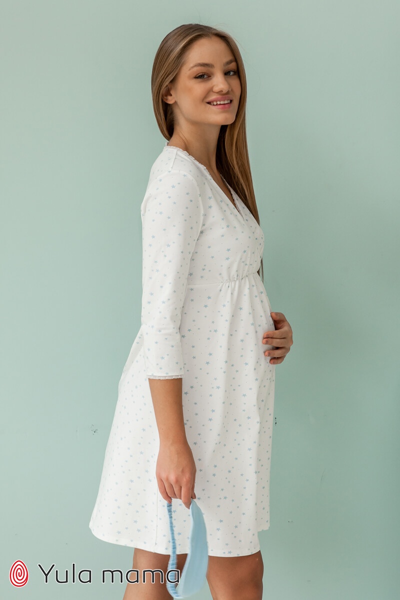 Ночнушки для кормления Ночная сорочка для беременных и кормящих Alisa голубые звезды на молочном фоне, Юла Мама