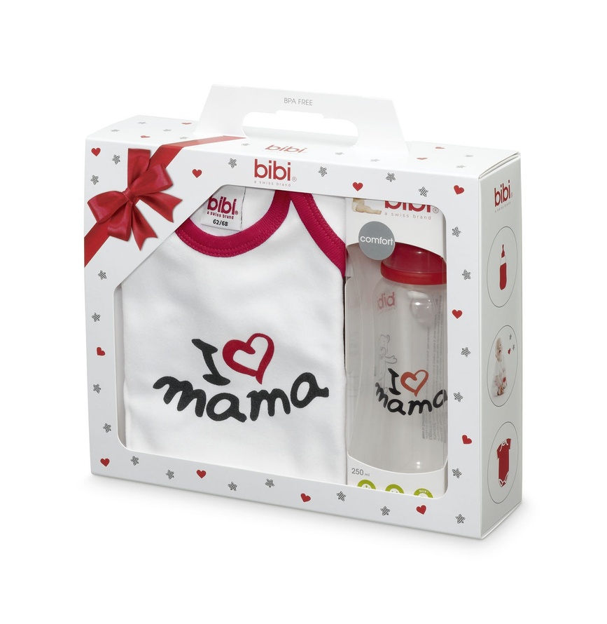 Аксесуари для пляшечок Подарунковий набір з серії Я Люблю Маму, 0 + міс, бодік в комплекті з пляшечкою РР 250 мл з соскою, bibi