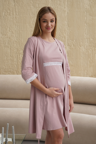 Халаты Комплект халат и ночнушка для беременных и кормящих мам 4299041, пудра, To be