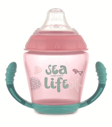 Посуда для детей Кружка-непроливайка мягким силиконовым носиком Sea Life, 230 мл, розовая, Canpol babies