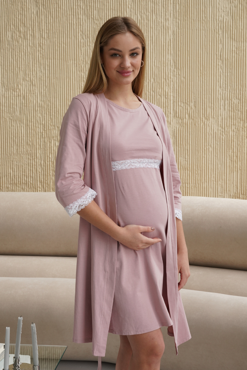 Халати Комплект халат та нічна сорочка для вагітних і годуючих мам 4299041, пудра, To be