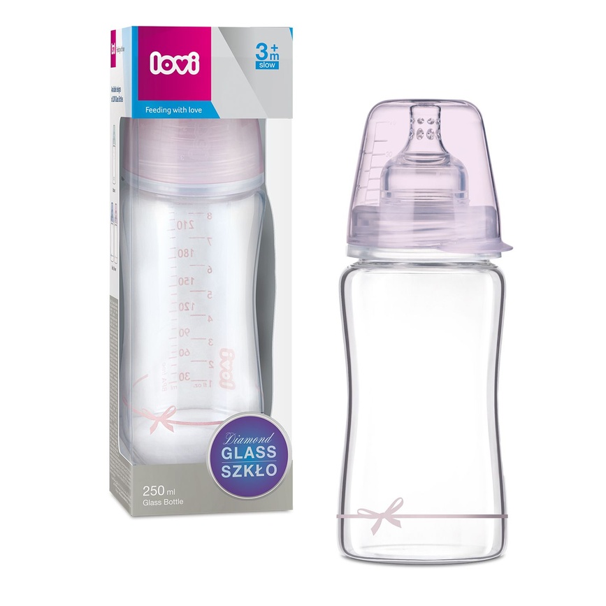 Пляшечки Пляшечка скляна Diamond Glass Baby Shower 3мес.+, 250 мл, рожевий, LOVI