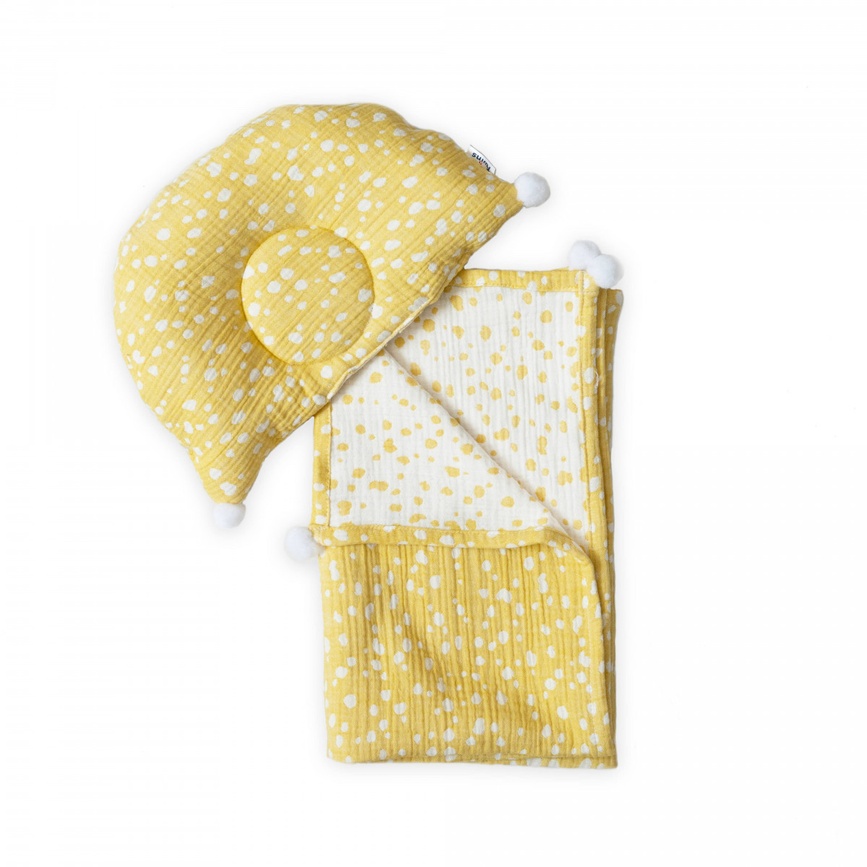 Одеяла и пледы Плед и подушка Twins муслин 100х80 421-TMPO-05, Горошки, белый/желтый, Twins