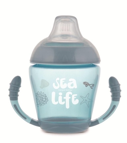 Посуда для детей Кружка-непроливайка мягким силиконовым носиком Sea Life, 230 мл, серая, Canpol babies