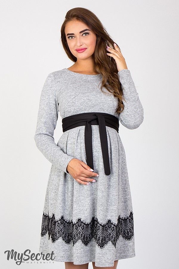 Платье для беременных и кормящих из теплого трикотажа MEDINA, серый меланж, Юла мама