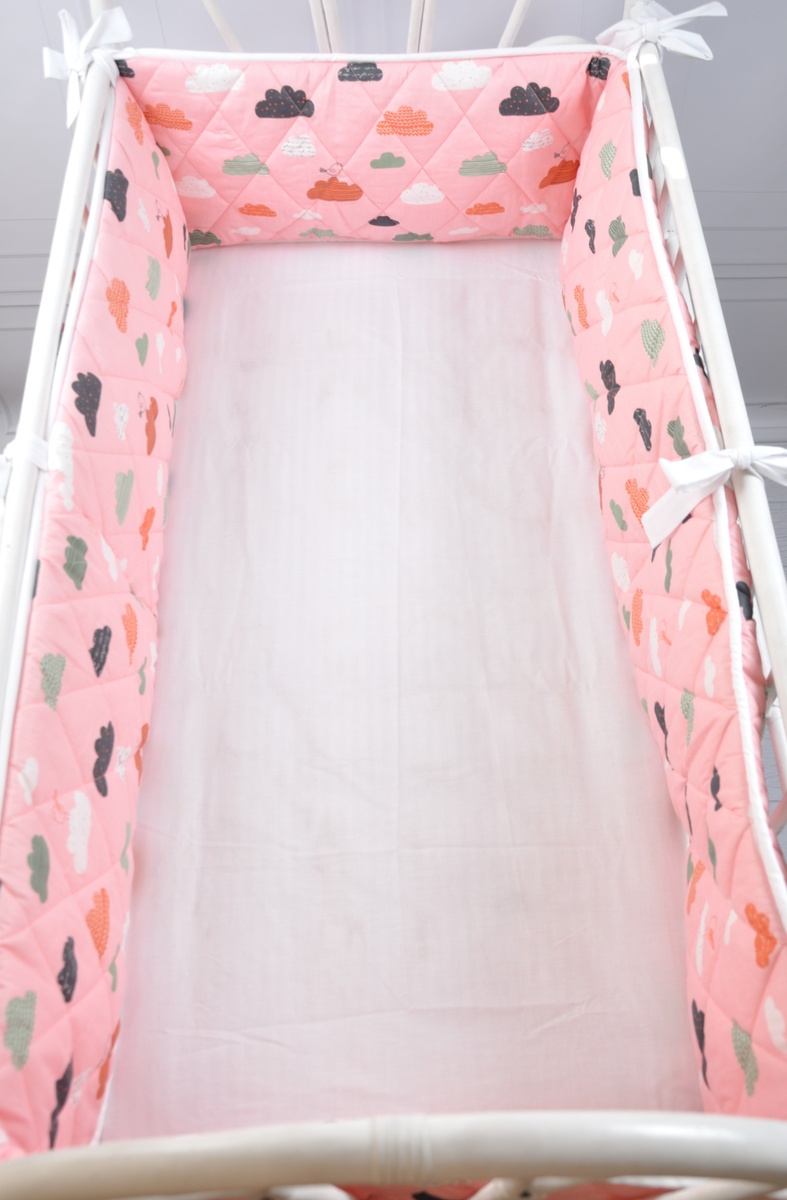 Бортики в ліжечко Бортик-захист в ліжечко Равлик, хмарки на рожевому, на всю ліжечко, MagBaby