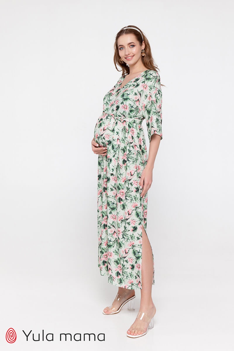 Платье для беременных и кормящих мам FEY принт розовые лотосы на мятном фоне, Юла мама, Мятный, S