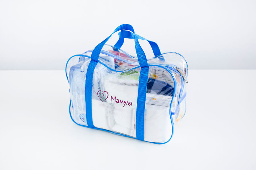 Зручні прозорі сумки в пологовий будинок Прозора сумочка-косметичка в пологовий будинок для мами, синя, Mamapack.