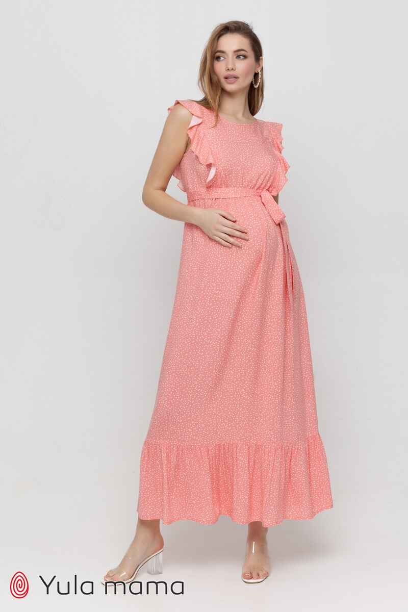Платье для беременных и кормящих мам FREYA коралловое с молочным горошком, Юла мама, Коралловый, S