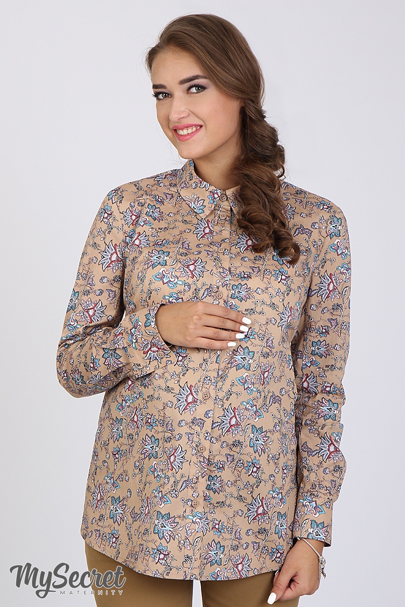 Блузы, рубашки Рубашка для беременных Noni, принт цветы на бежевом фоне, Юла Мама