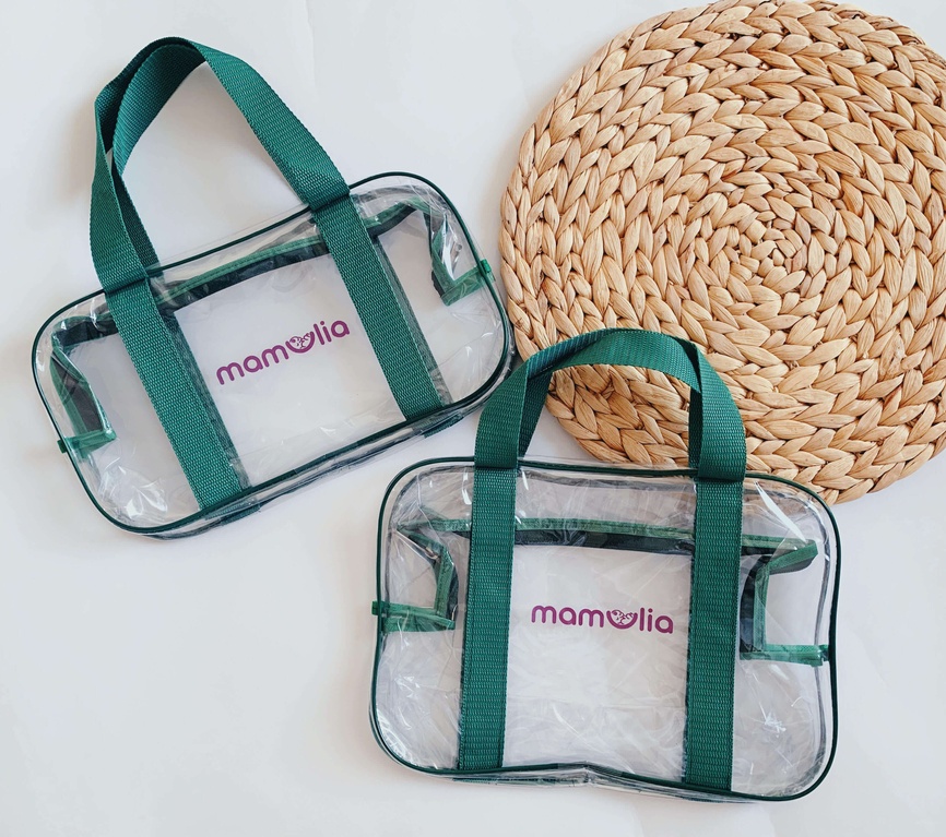 Удобные прозрачные сумки в роддом Прозрачные косметички в роддом, зеленые, Mamapack (2 шт).
