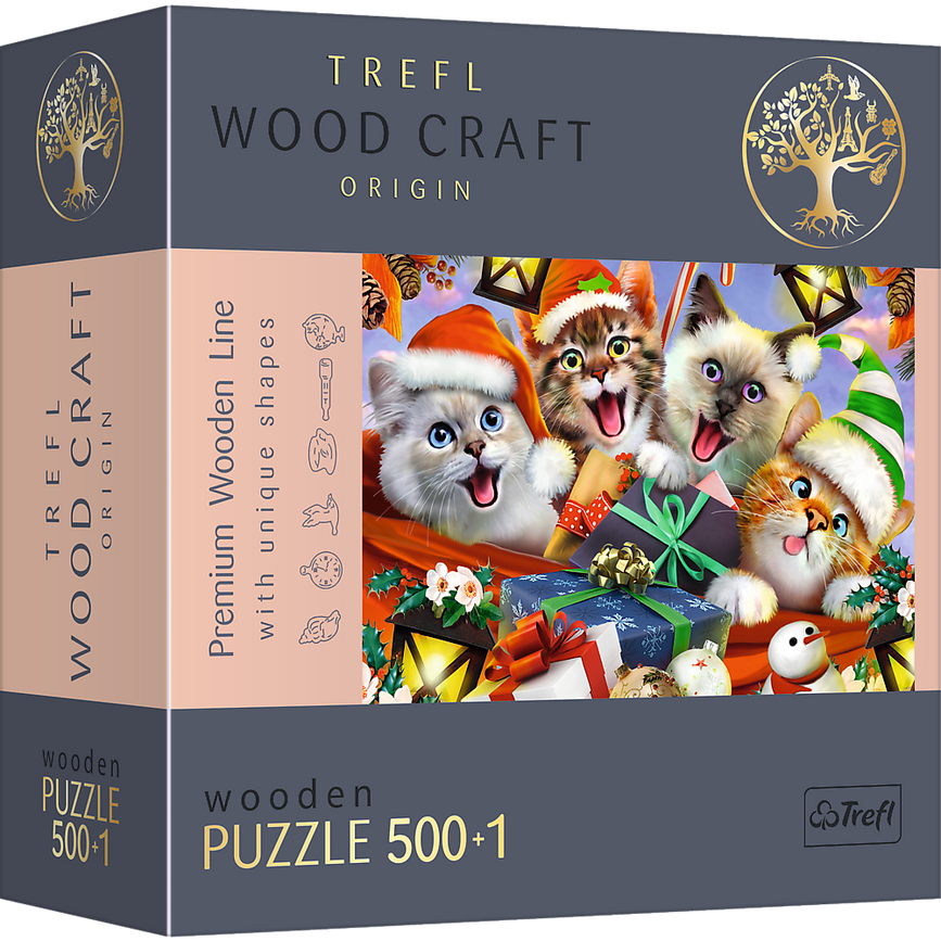 Пазли, мозаїка Пазли фігурні з дерева - (500 + 1 елм.) - "Різдвяні котики" , Trefl