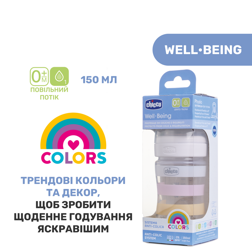 Пляшечки Пляшечка пластик Chicco Well-Being Colors, рожева, 150мл, соска силікон, 0м+, Chicco