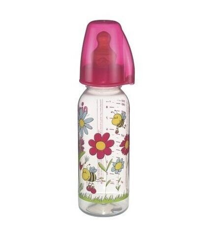 Бутылочки Бутылочка для кормления РР 250 мл с латексной антиколиковой соской, от 6 м. розовая, М средний поток, Nip