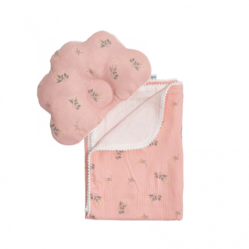 Одеяла и пледы Плед и подушка ортопедическая Twins муслин маршмелоу 110х80 1411-TMPO-08F, pink/flower, розовый, Twins