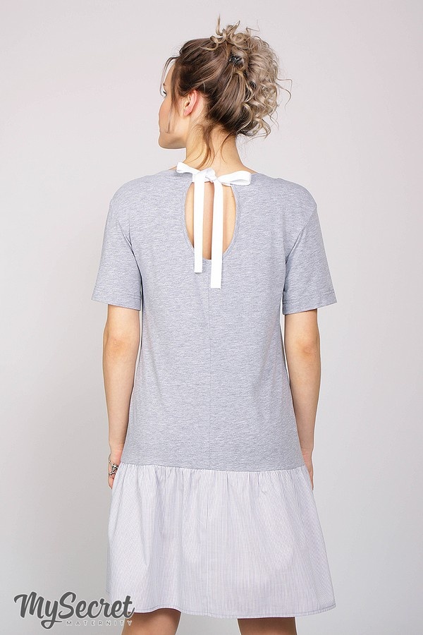 Платье-футболка для беременных и кормящих MISSI, серый меланж трикотаж с отделкой из серо-белой полоски, Юла Мама