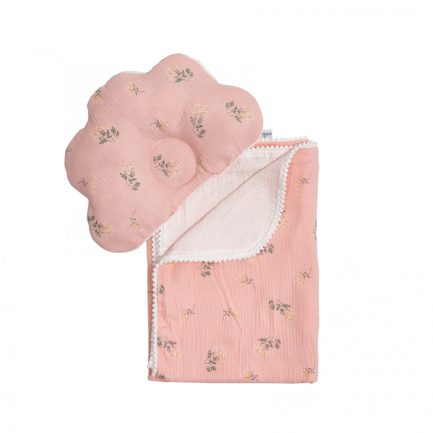 Одеяла и пледы Плед и подушка ортопедическая Twins муслин маршмелоу 110х80 1411-TMPO-08F, pink/flower, розовый, Twins