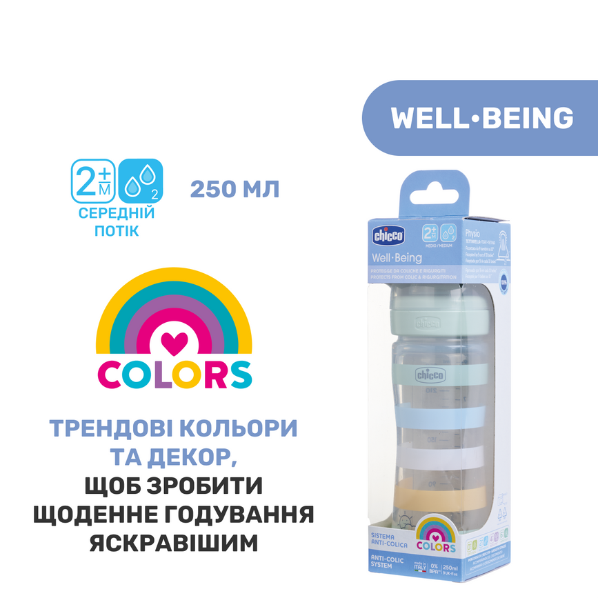 Бутылочки Бутылочка пластик Chicco Well-Being Colors, 250мл, силиконовая соска, 2м+, Chicco
