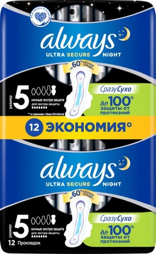 Гигиенические прокладки Гигиенические прокладки с крылышками Ultra Secure Night Duo 12шт, Always