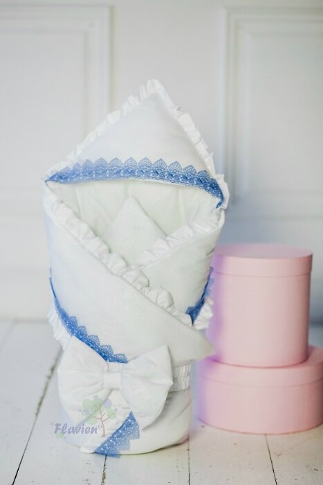 Конверт-одеяло для новорожденных утепленный с кружевом, белый с голубым, ТМ Flavien