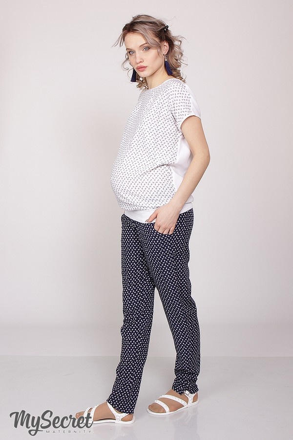 Брюки для беременных и кормящих мам Cвободные брюки HANNA, якорьки на темно-синем, Юла Мама