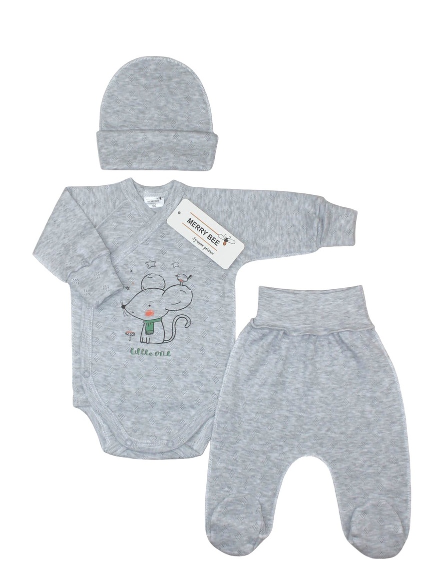 Комплекти Комплект для новонароджених Little one 3 предмета (боді, повзунки, шапочка), сірий, Merry Bee