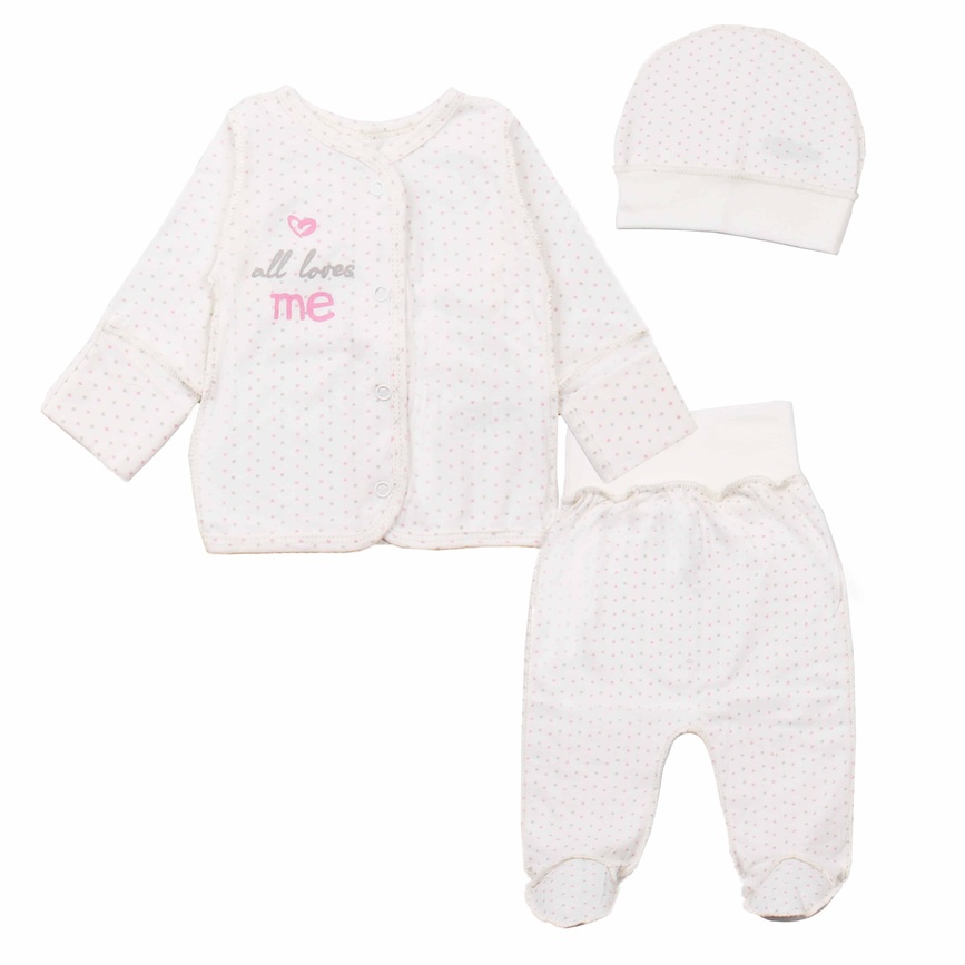 Ползунки Комплект для новорожденных девочек 3 предмета (распашенка, ползунки, шапочка), молочный, ТМ Фламинго